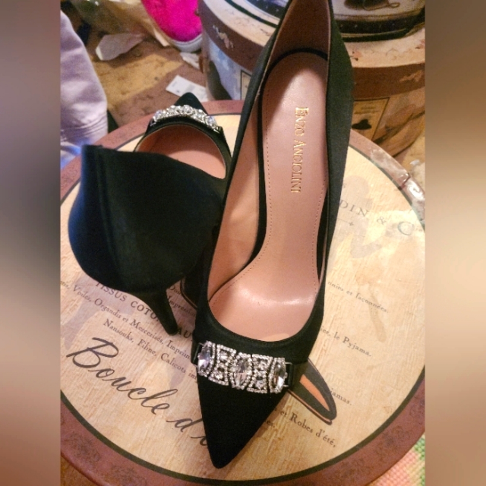Black Silk Bejeweled Heels